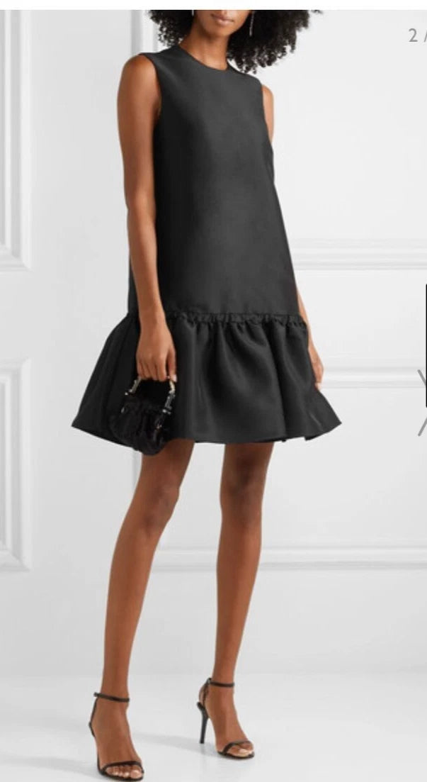 Womens Black Taffeta Dress Sleeveless Ruffled Hem Evening Club Party Disco Dress